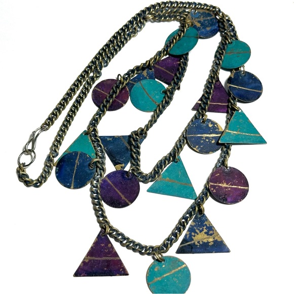 Vintage Purple Teal Blue Necklace Weathered Painted Brass Geometric Shapes 1980s - Picture 5 of 7